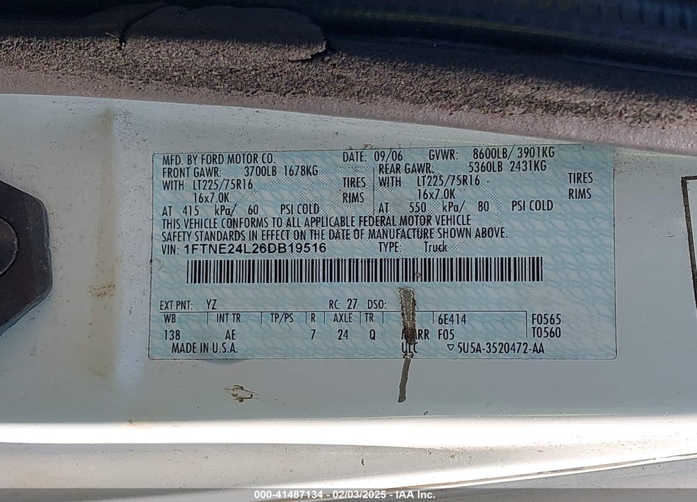 2006 FORD E-250 VIN: 1FTNE24L26DB19516