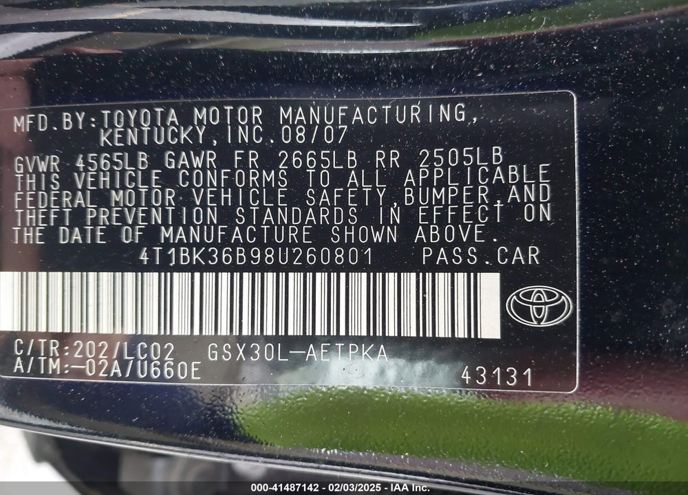 2008 TOYOTA AVALON VIN: 4T1BK36B98U260801