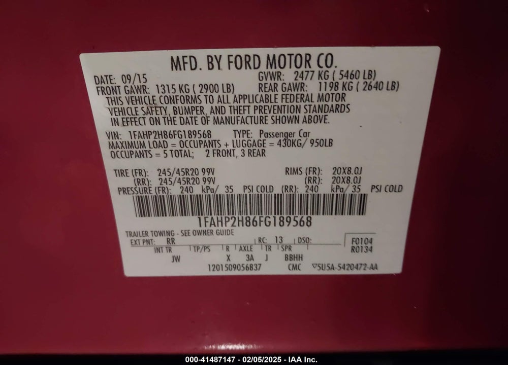 2015 FORD TAURUS VIN: 1FAHP2H86FG189568