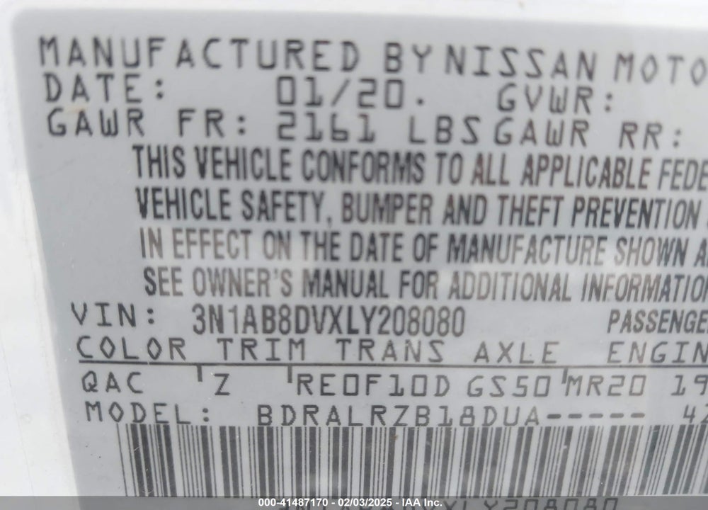 2020 NISSAN SENTRA VIN: 3N1AB8DVXLY208080