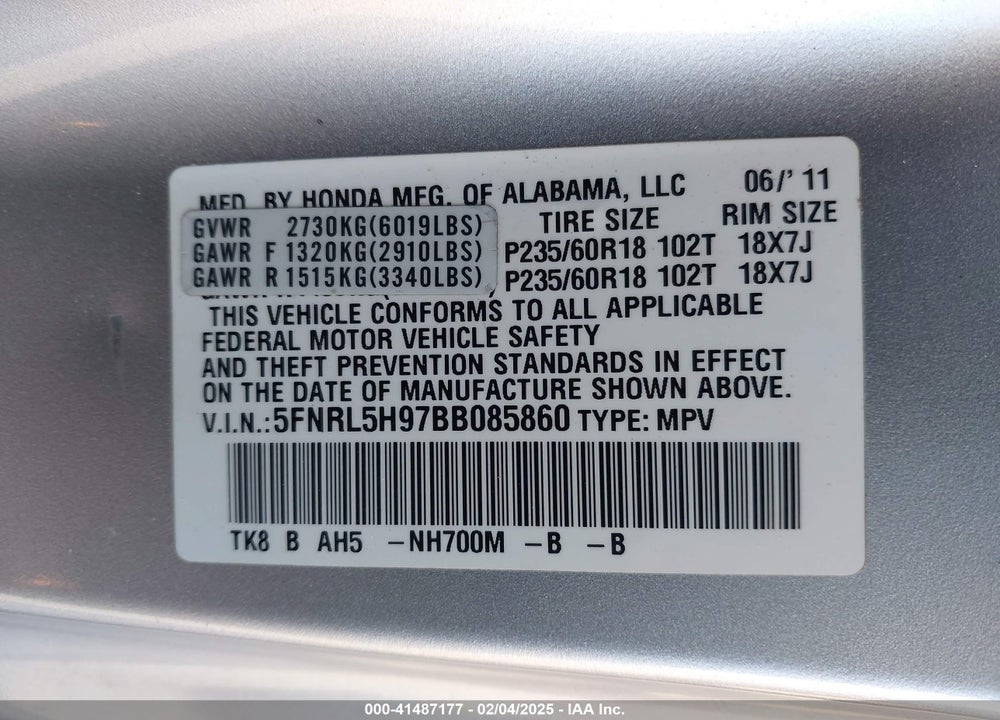 2011 HONDA ODYSSEY TOURING/TOURING ELITE VIN: 5FNRL5H97BB085860
