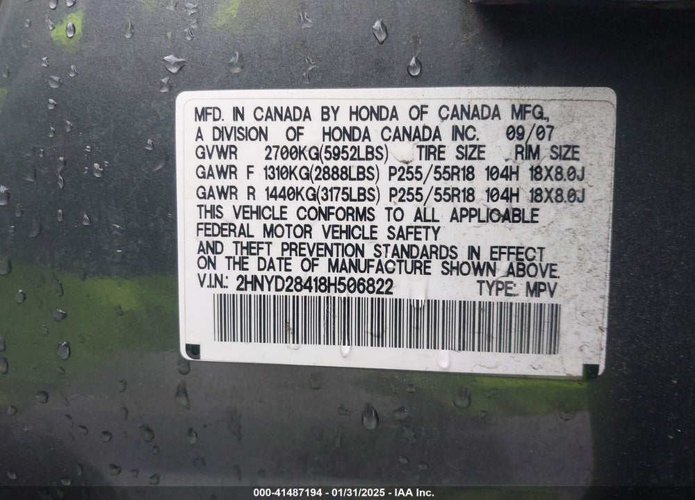 2008 ACURA MDX TECHNOLOGY PACKAGE VIN: 2HNYD28418H506822