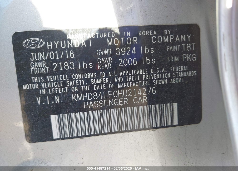 2017 HYUNDAI ELANTRA SE VIN: KMHD84LF0HU214276
