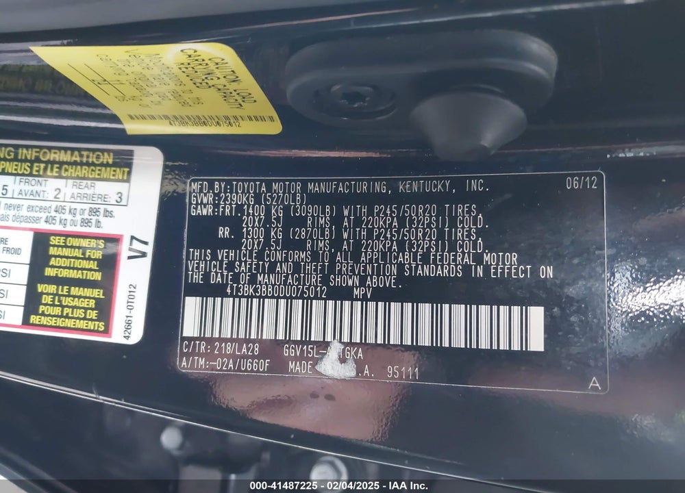 2013 TOYOTA VENZA XLE V6 VIN: 4T3BK3BB0DU075012