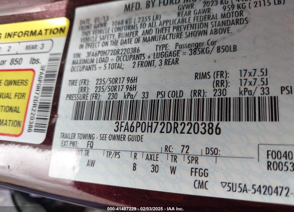 2013 FORD FUSION VIN: 3FA6P0H72DR220386