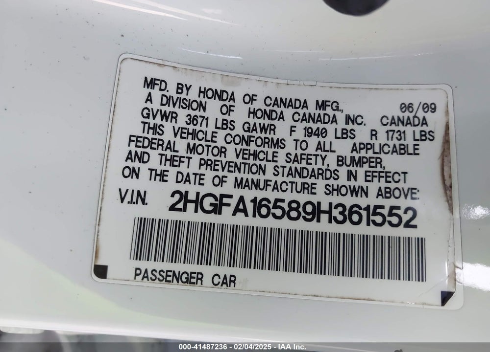 2009 HONDA CIVIC LX VIN: 2HGFA16589H361552