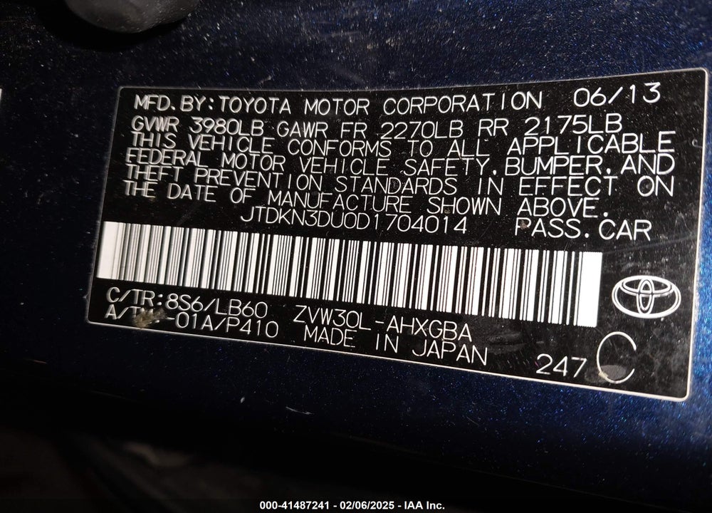 2013 TOYOTA PRIUS VIN: JTDKN3DU0D1704014