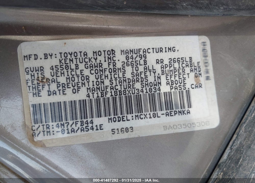 1999 TOYOTA AVALON VIN: 4T1BF18B8XU341034