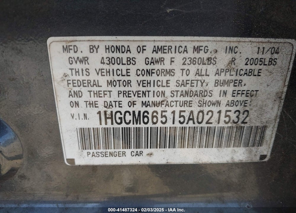2005 HONDA ACCORD 3.0 EX VIN: 1HGCM66515A021532