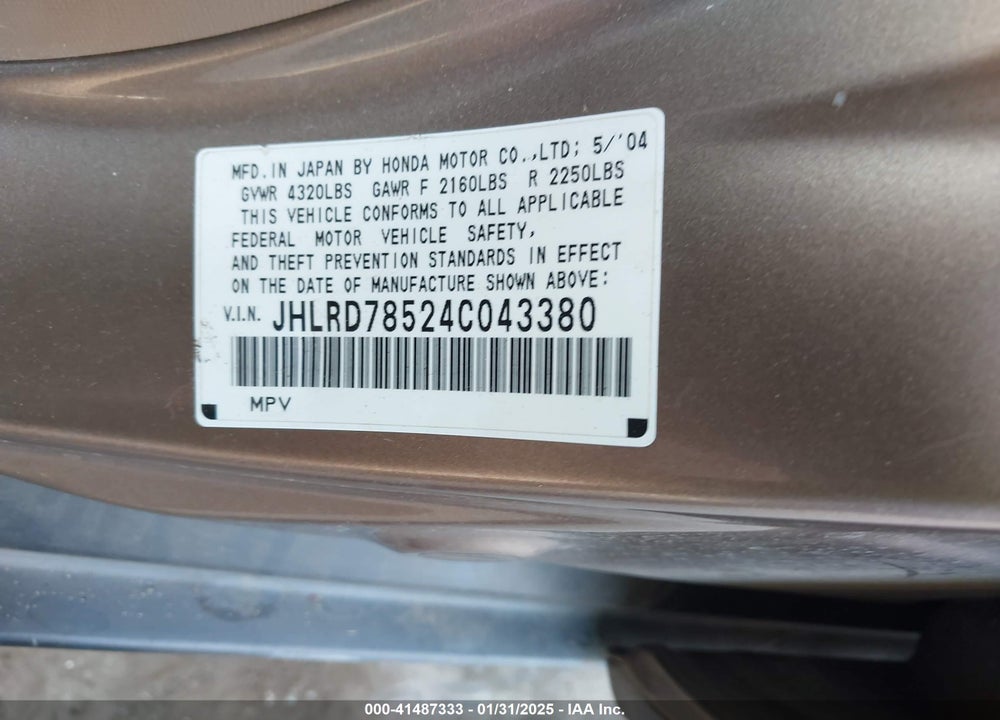 2004 HONDA CR-V LX VIN: JHLRD78524C043380