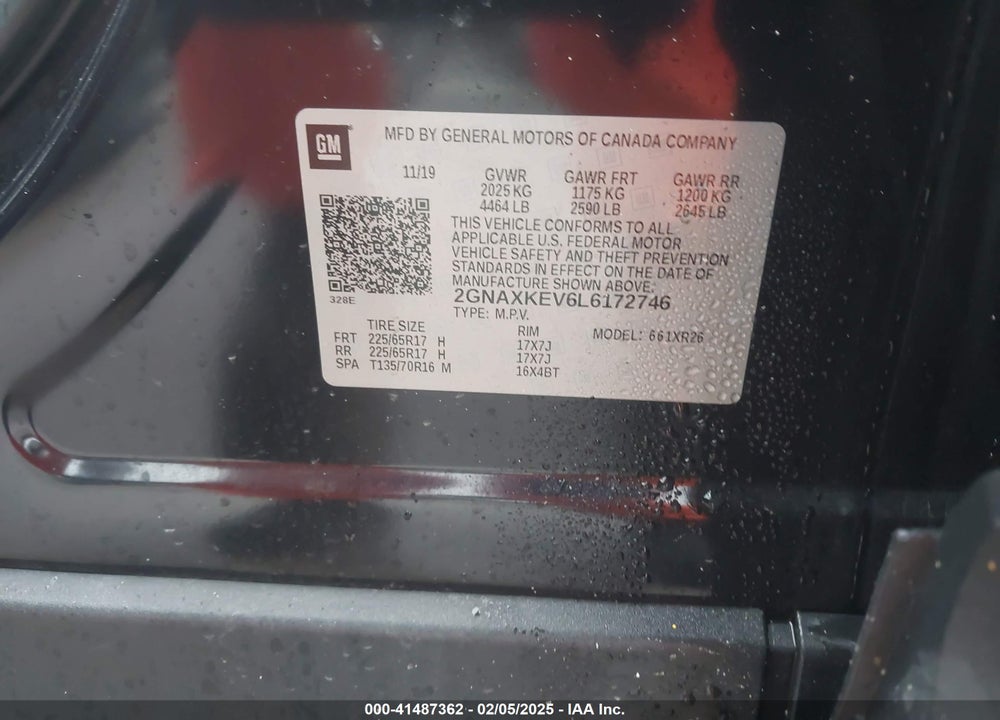 2020 CHEVROLET EQUINOX FWD LT 1.5L TURBO VIN: 2GNAXKEV6L6172746