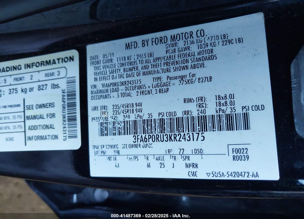 2019 FORD FUSION HYBRID TITANIUM VIN: 3FA6P0RU3KR243175