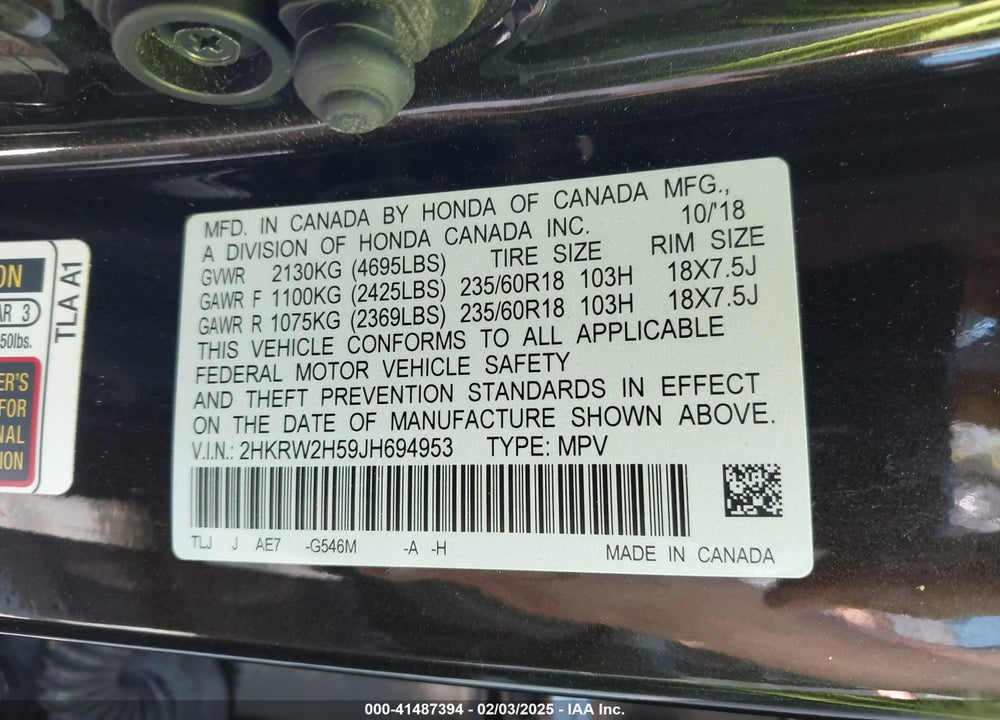 2018 HONDA CR-V EX VIN: 2HKRW2H59JH694953