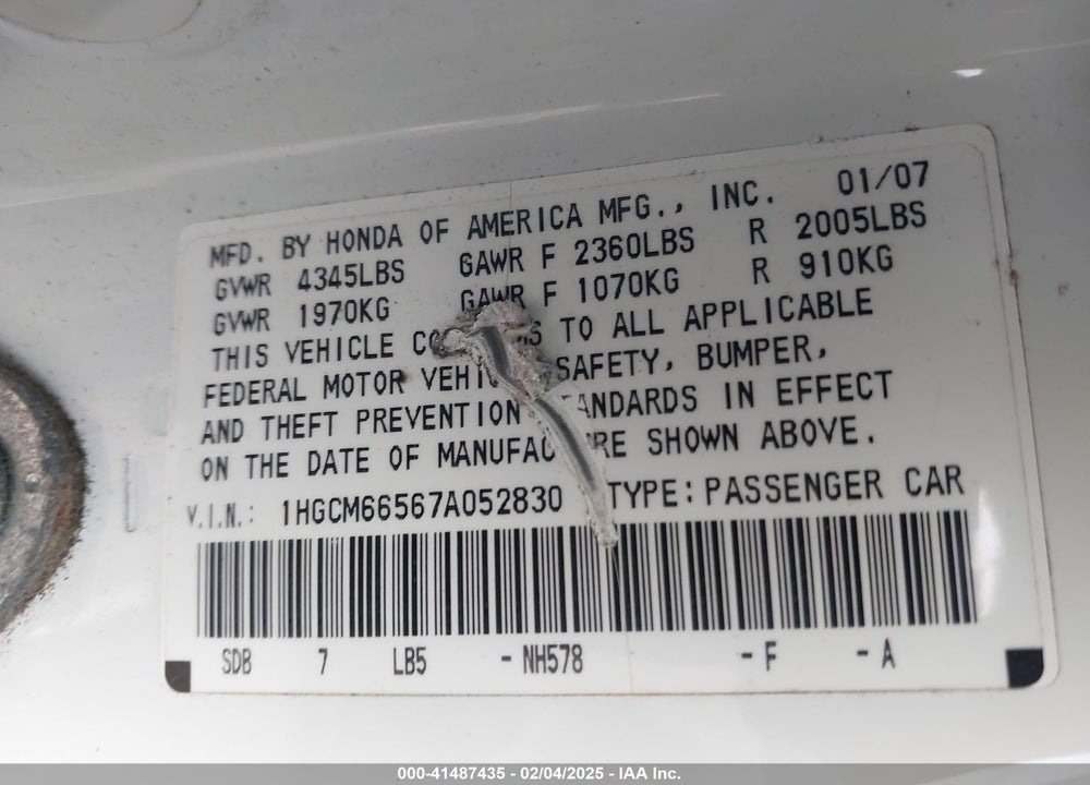2007 HONDA ACCORD VIN: 1HGCM66567A052830