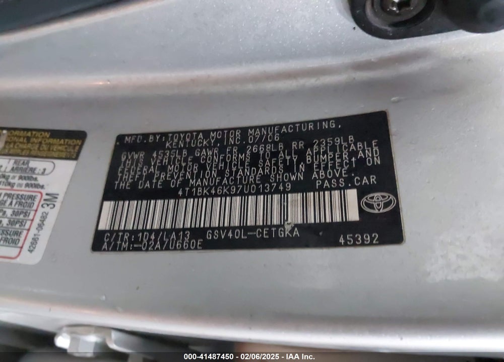 2007 TOYOTA CAMRY XLE V6 VIN: 4T1BK46K97U013749