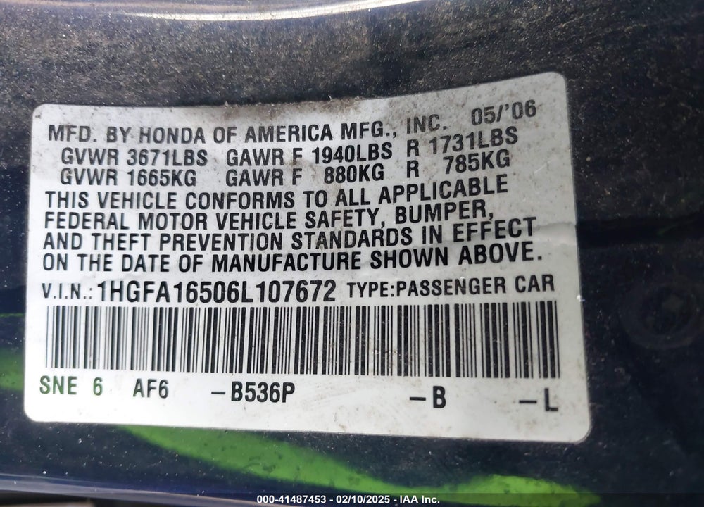 2006 HONDA CIVIC VIN: 1HGFA16506L107672