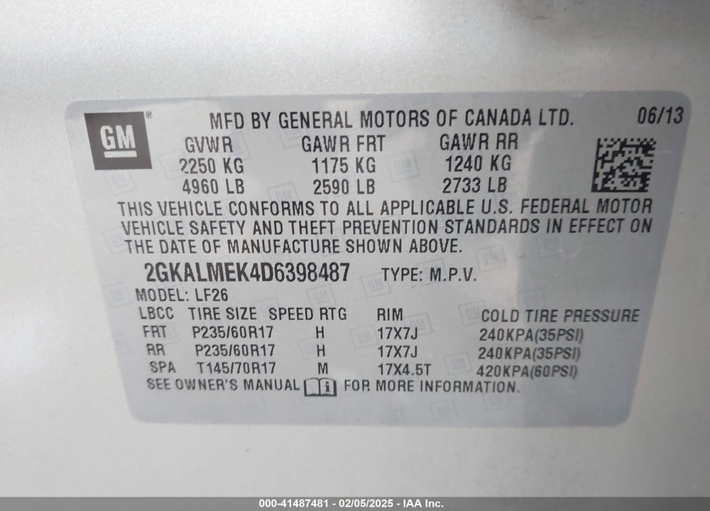 2013 GMC TERRAIN VIN: 2GKALMEK4D6398487