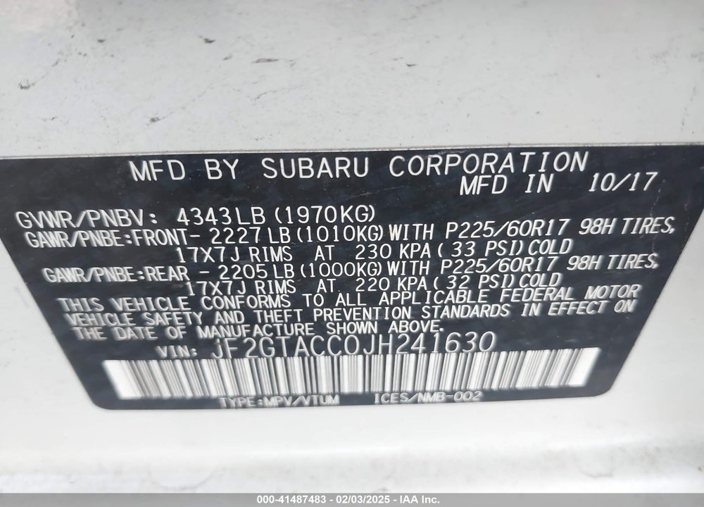 2018 SUBARU CROSSTREK VIN: JF2GTACC0JH241630