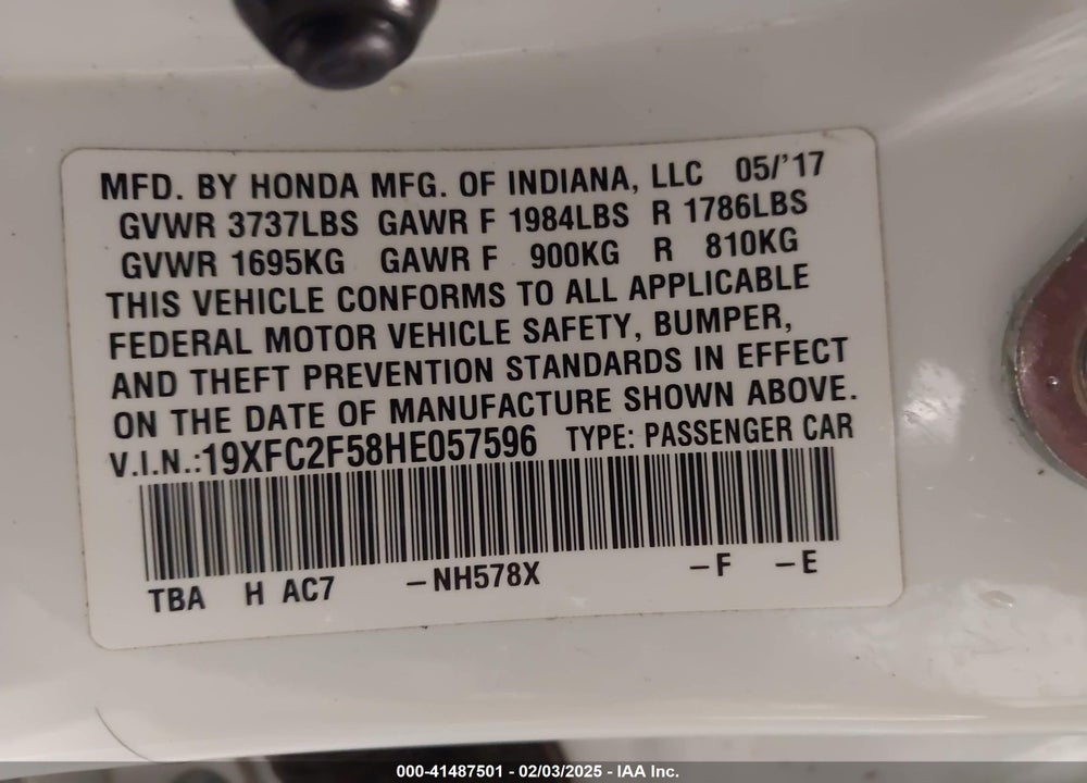 2017 HONDA CIVIC VIN: 19XFC2F58HE057596