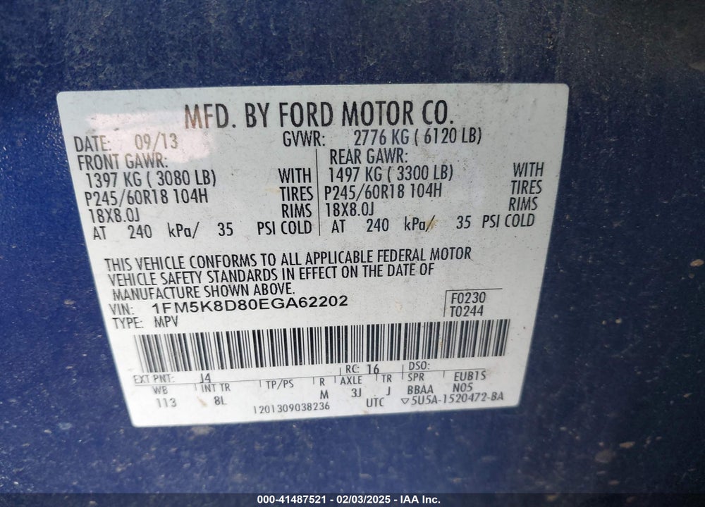 2014 FORD EXPLORER XLT VIN: 1FM5K8D80EGA62202