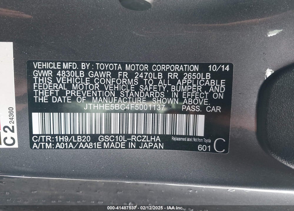 2015 LEXUS RC 350 VIN: JTHHE5BC4F5001137