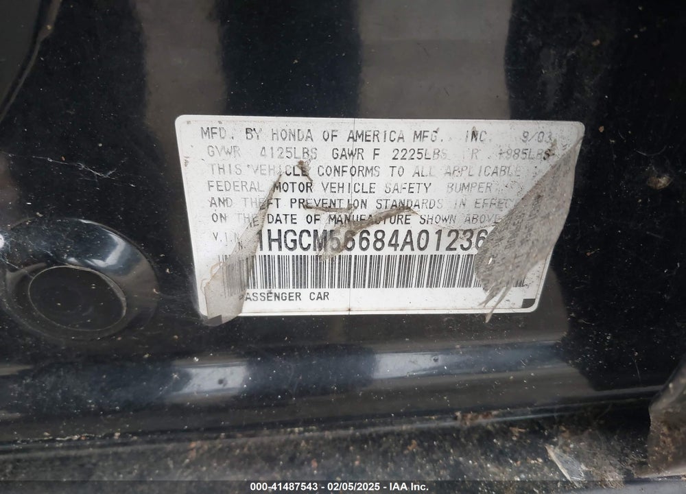 2004 HONDA ACCORD 2.4 EX VIN: 1HGCM56684A012361