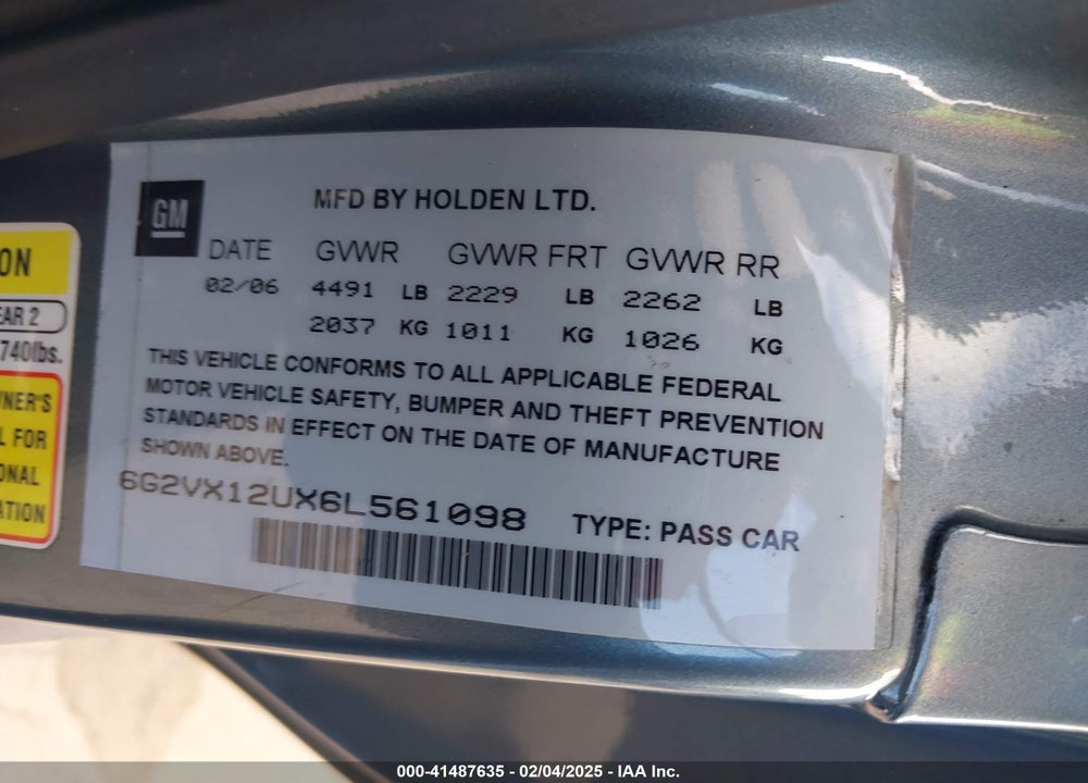 2006 PONTIAC GTO VIN: 6G2VX12UX6L561098