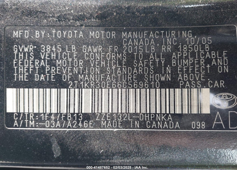 2006 TOYOTA MATRIX VIN: 2T1KR30E66C569610