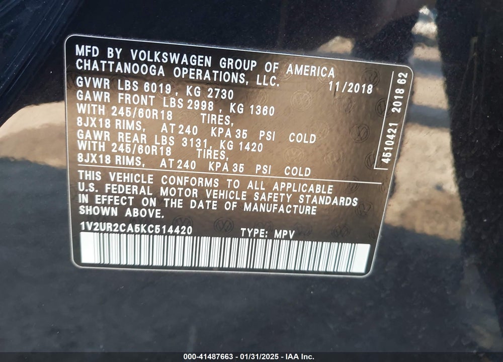 2019 VOLKSWAGEN ATLAS 3.6L V6 SE W/TECHNOLOGY VIN: 1V2UR2CA5KC514420