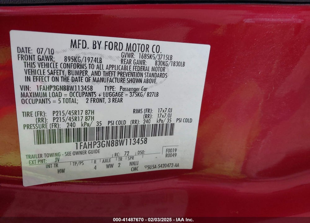 2011 FORD FOCUS SES VIN: 1FAHP3GN8BW113458
