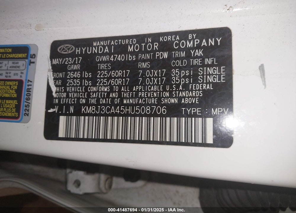 2017 HYUNDAI TUCSON SE VIN: KM8J3CA45HU508706