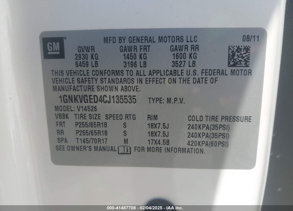 2012 CHEVROLET TRAVERSE 1LT VIN: 1GNKVGED4CJ135535
