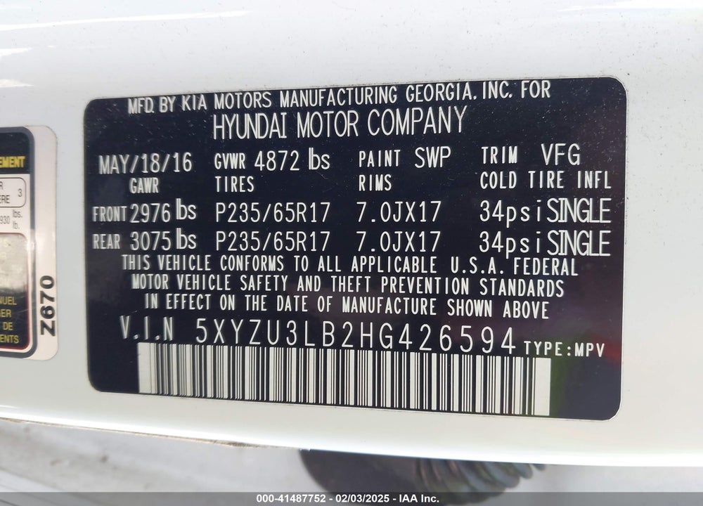 2017 HYUNDAI SANTA FE SPORT 2.4L VIN: 5XYZU3LB2HG426594