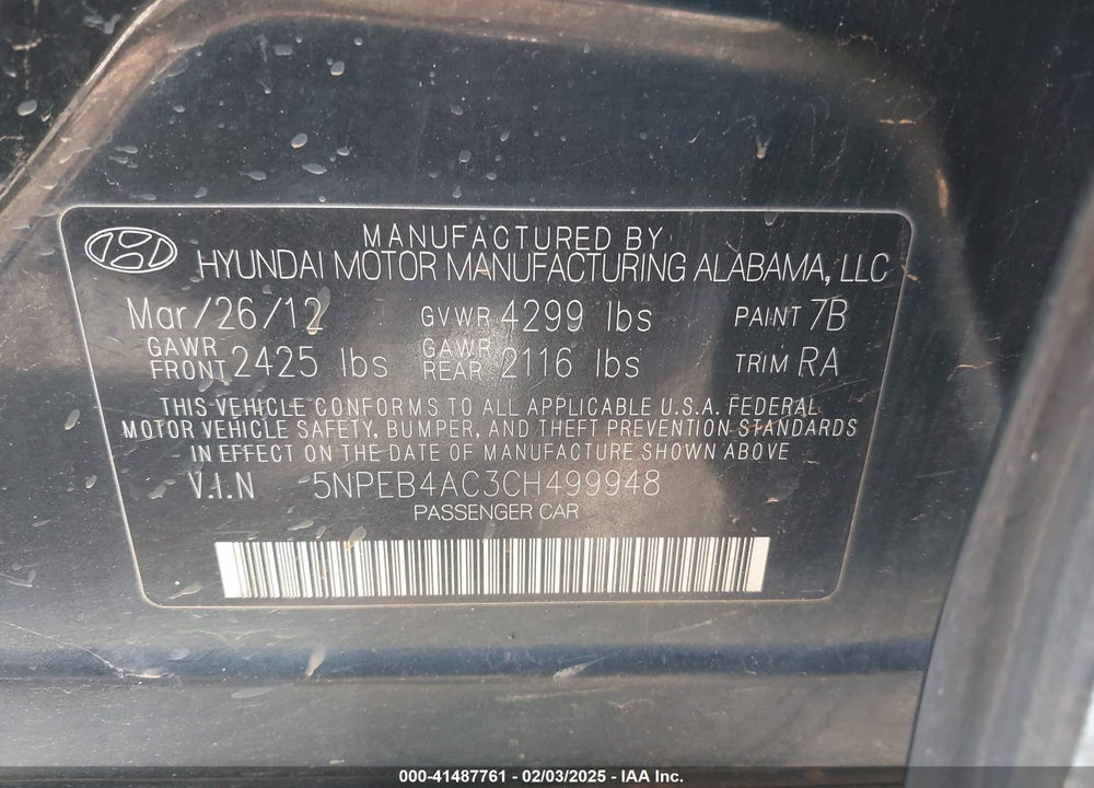 2012 HYUNDAI SONATA VIN: 5NPEB4AC3CH499948