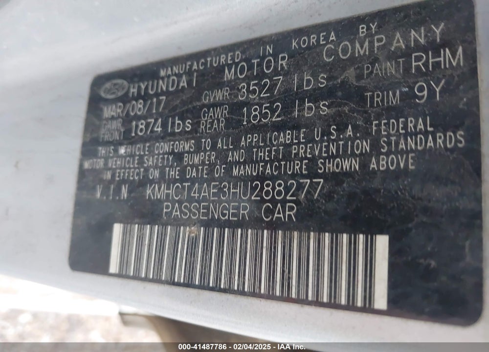 2017 HYUNDAI ACCENT VIN: KMHCT4AE3HU288277