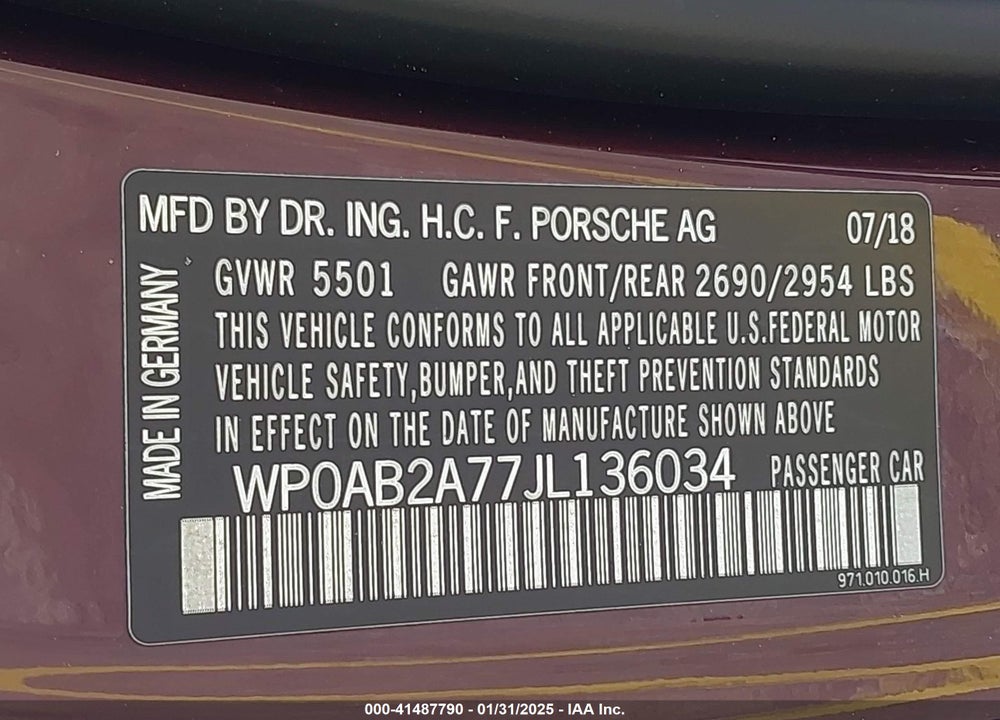 2018 PORSCHE PANAMERA VIN: WP0AB2A77JL136034