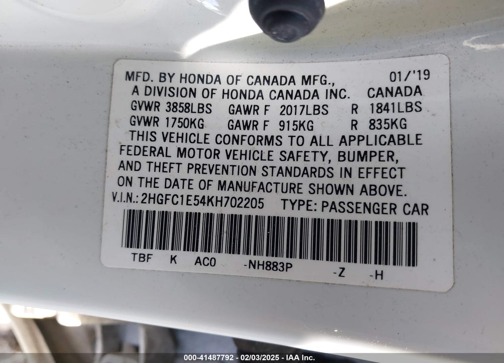 2019 HONDA CIVIC SI VIN: 2HGFC1E54KH702205