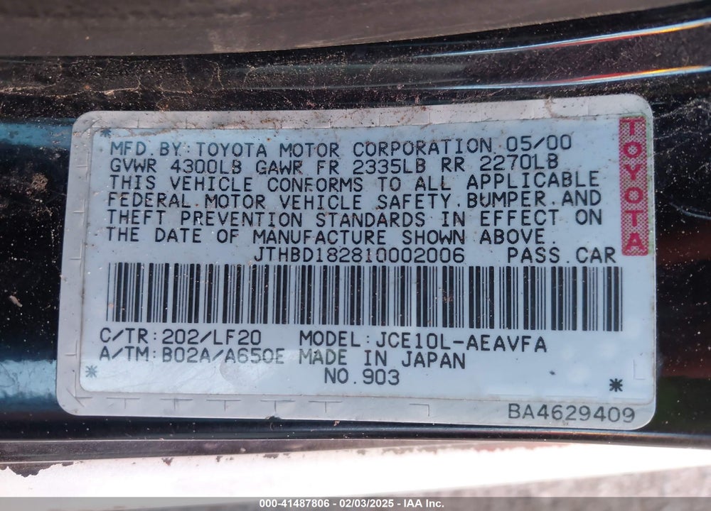 2001 LEXUS IS 300 VIN: JTHBD182810002006