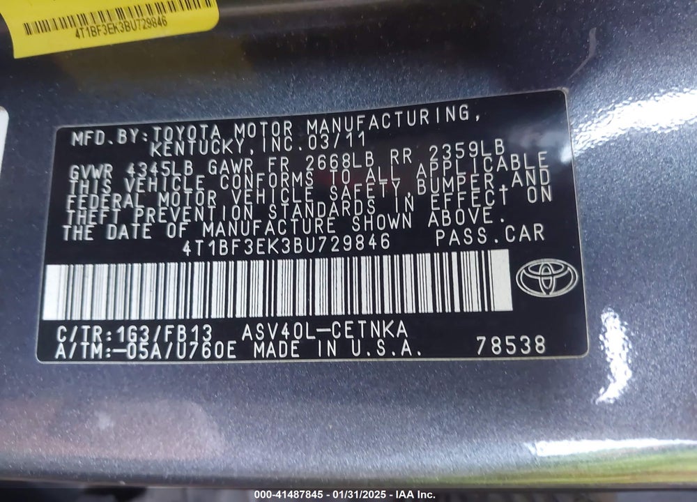 2011 TOYOTA CAMRY VIN: 4T1BF3EK3BU729846