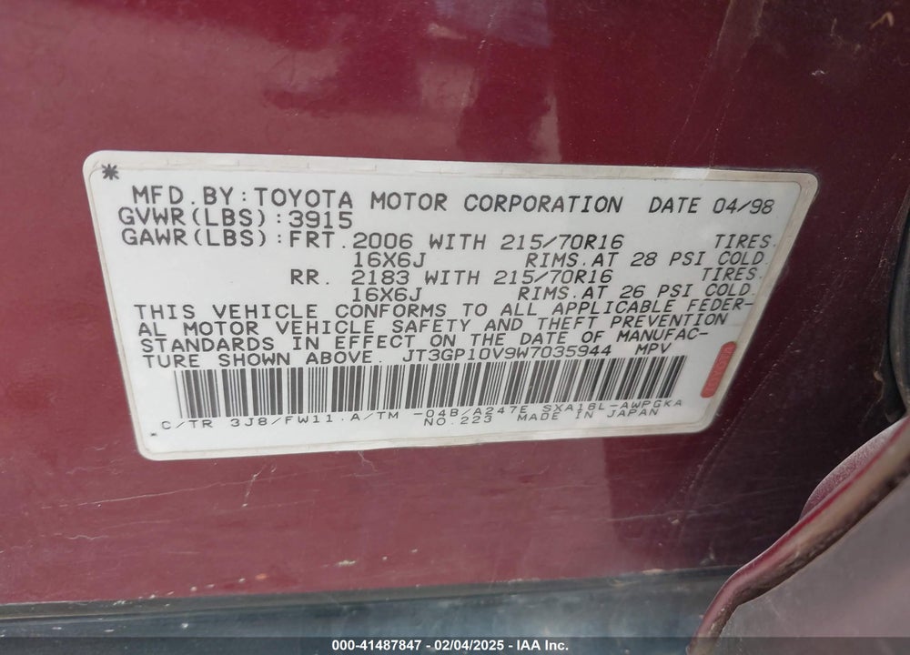 1998 TOYOTA RAV4 VIN: JT3GP10V9W7035944