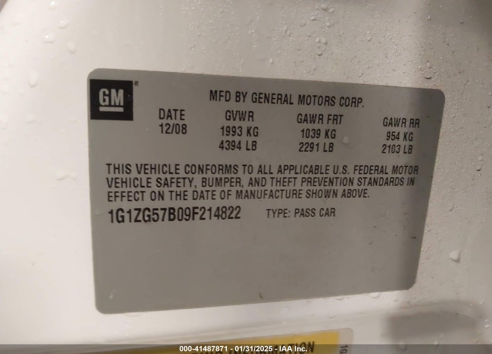2009 CHEVROLET MALIBU VIN: 1G1ZG57B09F214822