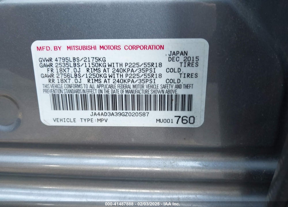 2016 MITSUBISHI OUTLANDER VIN: JA4AD3A39GZ020587