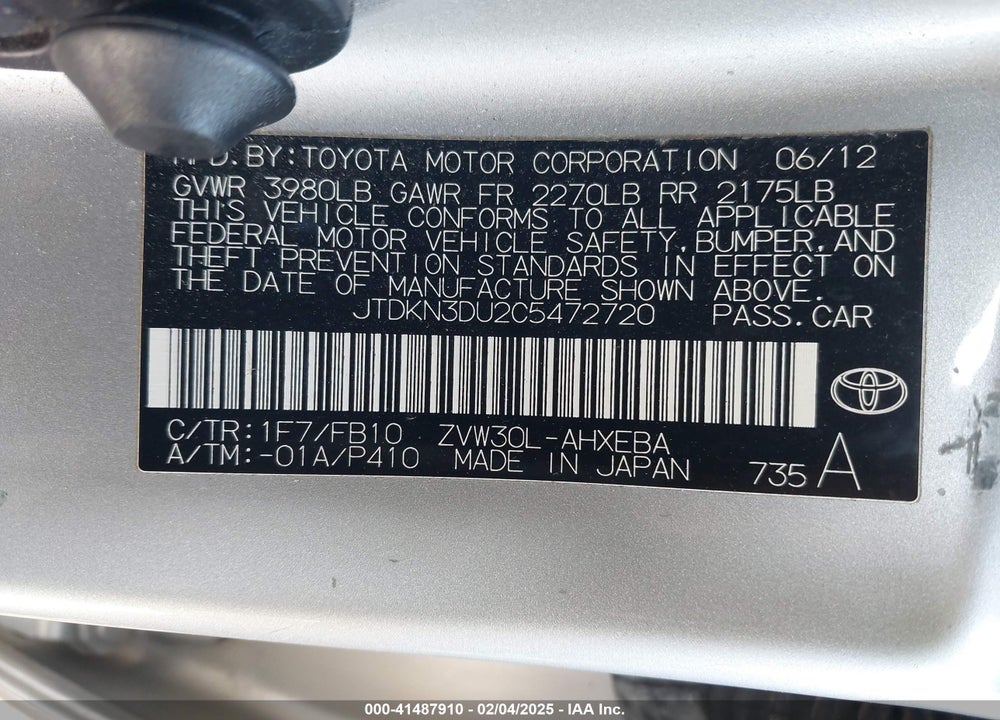 2012 TOYOTA PRIUS VIN: JTDKN3DU2C5472720