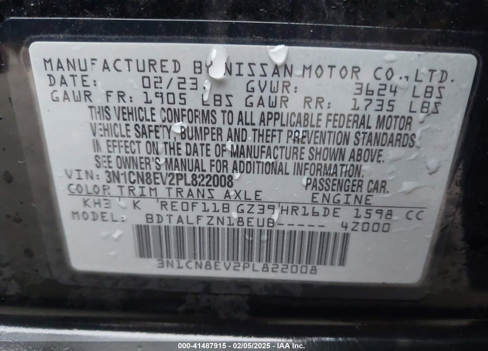 2023 NISSAN VERSA VIN: 3N1CN8EV2PL822008