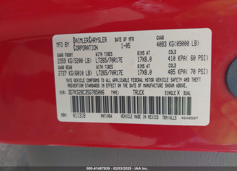 2005 DODGE RAM 2500 SLT/LARAMIE VIN: 3D7KS28C35G785006