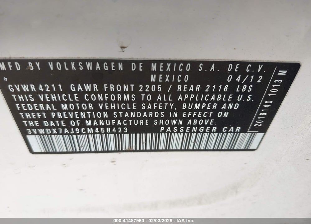 2012 VOLKSWAGEN JETTA VIN: 3VWDX7AJ9CM458423