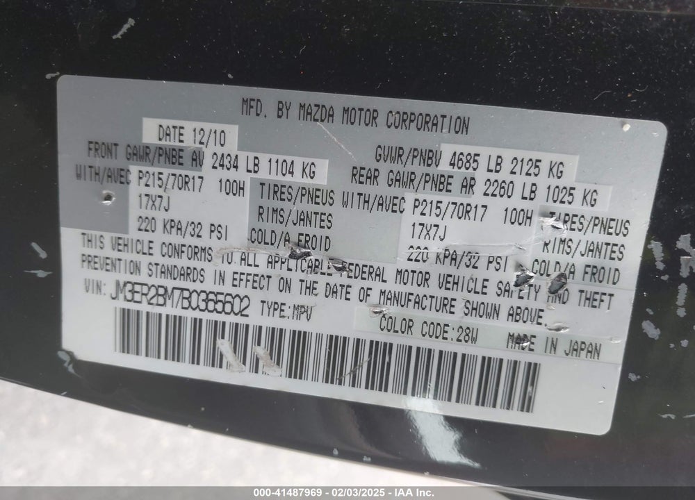 2011 MAZDA CX-7 I SPORT VIN: JM3ER2BM7B0365602