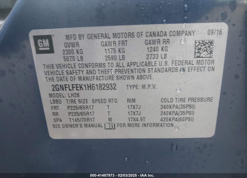 2017 CHEVROLET EQUINOX VIN: 2GNFLFEK1H6182932