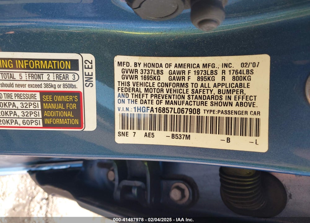 2007 HONDA CIVIC EX VIN: 1HGFA16857L067908
