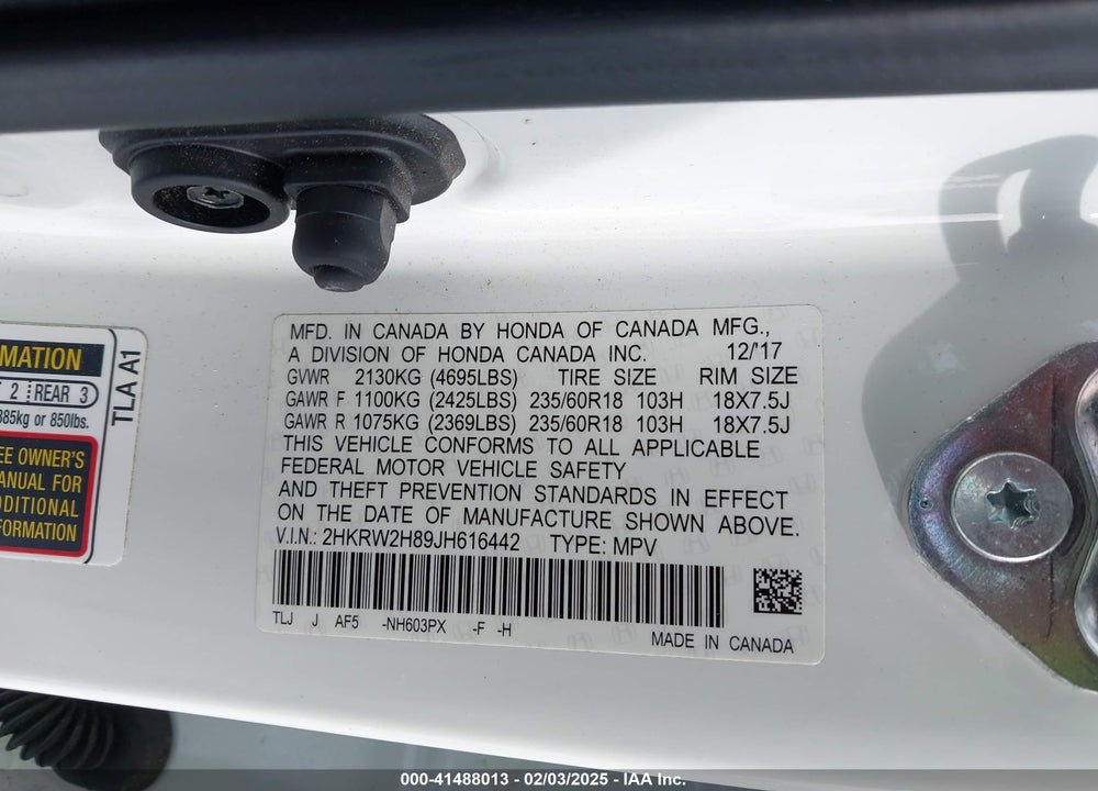 2018 HONDA CR-V VIN: 2HKRW2H89JH616442